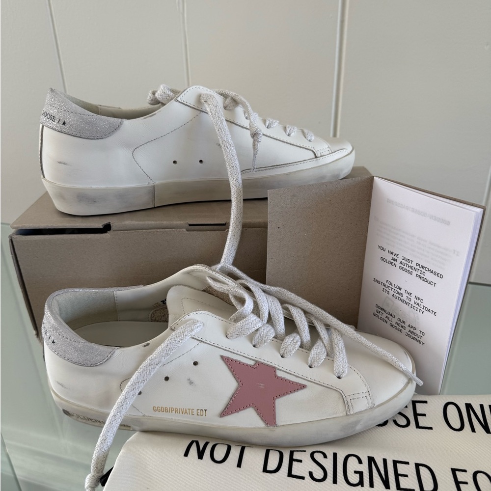 8.5 Golden Goose White Sneakers with Pink Star